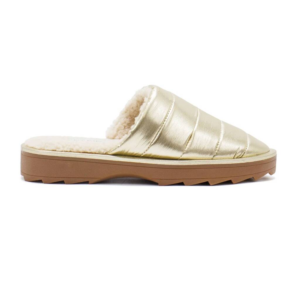 NEW STEVE MADDEN women's chex quilted faux fur lined slippers in gold